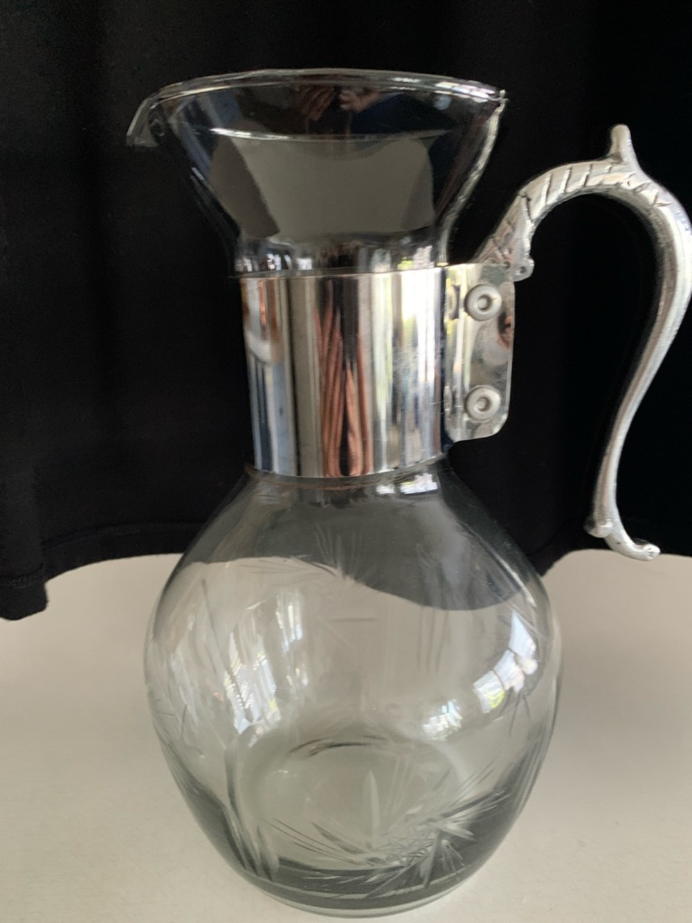 Vintage Etched Smoky Glass & Chrome Iced tea/Water Pitcher 9” Tall X 6.5” Wide.